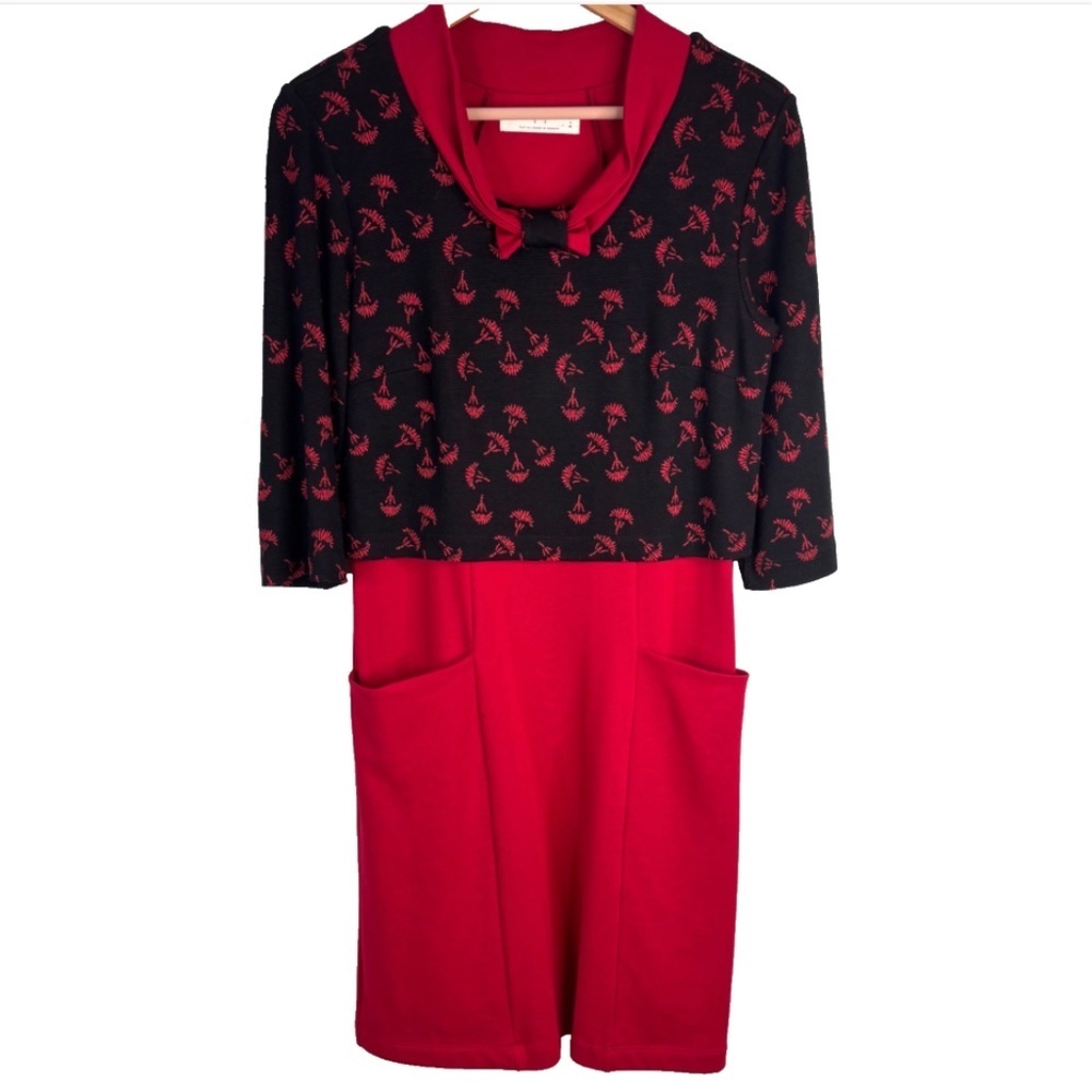Annie 50 Sweater Dress M Black Red Pockets Bow Collar Mod 60s Indie Canada Made